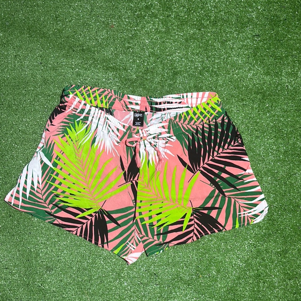 City Streets Pink and Green Shorts Vibrant Tropical Print